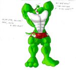  anthro clothing expansion green_skin hands_behind_head huskie_love male mario_bros muscle_yoshi muscles nintendo plain_background shorts solo standing text torn_clothing video_games white_background yoshi 