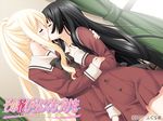  2girls black_hair blonde_hair blush eyes_closed kirishima_shizuku kiss multiple_girls peko school_uniform serafuku shitogi_eris sono_hanabira_ni_kuchizuke_wo yuri 