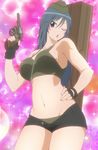  :o blue_eyes blue_hair fingerless_gloves gloves gun hand_on_hip handgun highres kyoudou_maya long_hair midriff navel one_eye_closed open_fly revolver sabagebu! screencap short_shorts shorts solo sparkle trigger_discipline unzipped weapon 