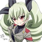  2014 anchovy anzio_military_uniform artist_name black_shirt blush dated dress_shirt drill_hair girls_und_panzer green_hair grey_jacket grin h-new hair_ribbon hand_on_hip jacket long_hair long_sleeves looking_at_viewer military military_uniform necktie red_eyes ribbon shirt shoulder_belt signature smile solo standing twin_drills twintails uniform white_background 