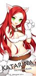  2014 animal_ears artist_name breasts character_name cleavage commentary english_commentary fake_animal_ears fang fur_trim green_eyes katarina_du_couteau kitty_cat_katarina league_of_legends long_hair looking_at_viewer medium_breasts midriff navel opalheart open_mouth paws red_hair simple_background solo white_background 