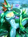  aulbath claws fins flower lily_pad lotus male_focus monster_boy shirohitori_(eniac) sitting solo vampire_(game) water water_drop 