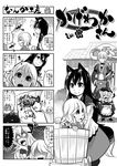  &gt;_&lt; 3girls 4koma :d \m/ absurdres ahoge animal_ears bucket cart closed_eyes comic greyscale hat head_fins highres imaizumi_kagerou in_bucket in_container kirisame_marisa kouji_oota long_hair monochrome morichika_rinnosuke multiple_girls open_mouth pushcart short_hair smile sparkle sparkling_eyes surprised sweat tail touhou translated wakasagihime waving witch_hat wolf_ears wolf_tail xd younger 