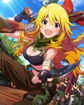  :d ahoge ak-47 assault_rifle blonde_hair breasts cleavage green_eyes gun hoshii_miki idolmaster idolmaster_(classic) idolmaster_million_live! knife long_hair looking_at_viewer medium_breasts official_art open_mouth rifle smile solo_focus weapon 