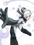  2014 ario artist_name blue_eyes bodysuit cameltoe dated helmet leaning leaning_forward nova_(warframe) open_mouth outstretched_arms perspective short_hair simple_background skin_tight solo text_focus warframe white_background white_hair 