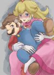  1boy 1girl blonde_hair blue_eyes blush brown_hair elbow_gloves femdom gloves heavy_breathing high_heels kijouyu mario mario_(series) nintendo pixiv_manga_sample princess_peach resized super_mario_bros. sweat 