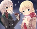  bad_id bad_pixiv_id blonde_hair blue_eyes blush braid casual coat commentary darjeeling girls_und_panzer highres itsumi_erika long_hair multiple_girls nksk plaid scarf short_hair silver_hair snow standing valentine winter_clothes yuri 