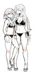  absurdres bikini blush bracelet braid breasts cleavage front-tie_bikini front-tie_top full_body height_difference highres hong_meiling izayoi_sakuya jewelry large_breasts long_hair monochrome multiple_girls navel ponke sandals short_hair side-tie_bikini standing swimsuit toes touhou twin_braids wristband 
