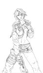  1girl belt belts black_and_white breast_grab erect_nipples female final_fantasy final_fantasy_viii genderswap gloves grabbing grabbing_breasts greyscale gunblade holding_breasts jacket jewelry loose_belt monochrome navel necklace self_fondle solo squall_leonhart weapon 