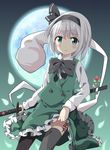  :c absurdres aqua_eyes black_legwear body_writing bow counting full_moon hair_ribbon highres hitodama katana konpaku_youmu konpaku_youmu_(ghost) long_sleeves looking_at_viewer moon night ribbon shirt silver_hair skirt skirt_lift skirt_set sky solo sword tantan_men_(dragon) tattoo thighhighs touhou translated vest weapon zettai_ryouiki 