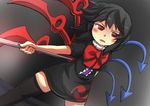  asymmetrical_wings black_dress black_hair black_legwear bow commentary_request dress gaoo_(frpjx283) houjuu_nue red_bow red_eyes solo thighhighs tomoe_(symbol) touhou wings 