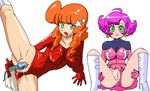  2girls alternate_form blush boots censored cum cum_on_body dandy_(space_dandy) dildo facial female_dandy genderswap green_eyes high_heels leg_lift leotard leotard_aside masturbation meow_(space_dandy) multiple_girls object_insertion orange_hair pink_hair pussy space_dandy spread_legs trucker_meow vaginal vaginal_object_insertion 