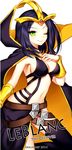  2014 armpits artist_name black_hair breasts cape character_name cleavage emilia_leblanc green_eyes league_of_legends looking_at_viewer medium_breasts midriff navel one_eye_closed opalheart short_hair simple_background smile solo white_background 