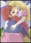  1boy 1girl ass ass_grab blonde_hair crown earrings elbow_gloves gloves height_difference jewelry kijouyu kiss mario mario_(series) nintendo pixiv_manga_sample princess_peach resized sky super_mario_bros. sweat 