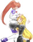  2girls artist_request blonde_hair blush brown_hair carrying eyes_closed fate_testarossa hair_ornament happy heart lifting long_hair lyrical_nanoha mahou_senki_lyrical_nanoha_force mahou_shoujo_lyrical_nanoha mahou_shoujo_lyrical_nanoha_strikers mahou_shoujo_lyrical_nanoha_vivid military military_uniform multiple_girls ponytail smile source_request takamachi_nanoha uniform very_long_hair yuri 