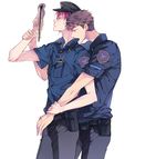  adam's_apple belt belt_pouch brown_hair clipboard free! future_fish hat hug hug_from_behind male_focus matsuoka_rin multiple_boys paper police police_uniform pouch profile red_eyes red_hair short_sleeves simple_background standing suien_(pipe9) uniform white_background wrist_grab yamazaki_sousuke 