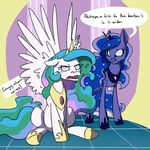  annoyed blue_hair dialog english_text equine female feral friendship_is_magic goattrain hair horn horse mammal multi-colored_hair my_little_pony pony princess_celestia_(mlp) princess_luna_(mlp) sibling sisters text winged_unicorn wings 