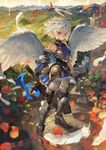  angel armor armored_dress bare_shoulders blue_eyes feathered_wings feathers gauntlets greaves halo hand_on_hilt highres kureta_(nikogori) original sheath sheathed short_hair solo sword thighhighs weapon white_hair wings 