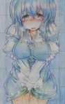 absurdres blue_hair blush breasts colored_pencil_(medium) covering covering_crotch crying heterochromia highres juliet_sleeves large_breasts long_sleeves looking_at_viewer nichibotsu_(kitaziman) open_mouth pee peeing peeing_self puffy_sleeves shirt skirt skirt_set solo tatara_kogasa touhou traditional_media v_arms vest 