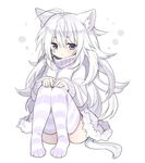  ahoge animal_ear_fluff animal_ears blush cat_ears cat_tail hands_on_own_knees long_hair looking_at_viewer messy_hair mofuaki no_shoes original purple_eyes shiro_(mofuaki) solo striped striped_legwear sweater tail thighhighs turtleneck very_long_hair white_hair 