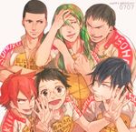  :d arm_around_neck bad_id bad_pixiv_id birthday black_hair blue_eyes brown_eyes buzz_cut clothes_writing crossed_arms dated green_eyes green_hair happy_birthday highlights highres imaizumi_shunsuke kinjou_shingo long_hair looking_at_another looking_at_viewer makishima_yuusuke male_focus mole multicolored_hair multiple_boys muscle naruko_shoukichi onoda_sakamichi open_mouth orange_hair red_eyes red_hair simple_background smile spiked_hair sportswear tadokoro_jin toned toned_male ushino_(ganet) v v-shaped_eyebrows waving yowamushi_pedal 