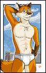  armpits briefs brown_nose bulge canine chest_tuft closet_coon colin_young fangs fox fur gloves_(marking) hand_behind_head hand_on_hip kcee looking_at_viewer male mammal markings muscles orange_fur pecs red_fox solo standing topless tuft underwear whiskers 