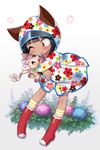  animal_ears black_hair blush bob_cut boots cat dark_skin fang floral_print flower heart hug hydrangea ogata_zen one_eye_closed original raincoat rubber_boots socks solo striped striped_legwear stuffed_animal stuffed_cat stuffed_toy 