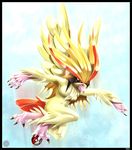  avian beak bird breasts chest_tuft claws cloud deymos female flying fur hair nintendo pidgeot pok&#233;ball pok&#233;mon pok&#233;morph pok&eacute;ball pok&eacute;mon red_eyes sky solo tuft video_games wings 