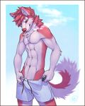  abs anthro canine cigarette clothing dog feralise husky lighter male mammal muscles pecs red_eyes shorts smoking solo topless 
