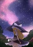  blonde_hair bow braid broom hat hat_bow kirisame_marisa large_hat long_hair milky_way night night_sky side_braid sky solo star_(sky) touhou witch_hat yellow_eyes yuuki_(yuyuki000) 