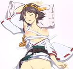  armpits breasts brown_hair caryo cleavage collarbone detached_sleeves drooling groin hairband hiei_(kantai_collection) kantai_collection large_breasts lying nanashino nipples nontraditional_miko on_back open_mouth out-of-frame_censoring pillow sarashi shadow short_hair simple_background sleeping solo sweat wardrobe_malfunction 