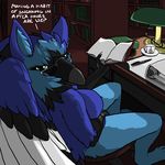  beak bleuhawke book breasts desk eyewear female glasses gryphon librarian library sitting 