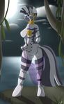 absurd_res anthro anthrofied barefoot breasts butt equine female friendship_is_magic fur hair happy hi_res looking_away mammal matimus91 mohawk moon multi-colored_hair my_little_pony night nude outside short_hair side_boob smile solo squint standing water zebra zecora_(mlp) 