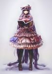  absurdly_long_hair bad_id bad_pixiv_id black_legwear book bow capelet crescent dress full_body grimoire hat long_hair long_sleeves looking_at_viewer mob_cap pantyhose patchouli_knowledge purple_dress purple_eyes purple_hair solo striped striped_dress tocope touhou very_long_hair 