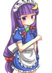  apron blush bow cosplay gaoo_(frpjx283) hair_bow highres izayoi_sakuya izayoi_sakuya_(cosplay) long_hair maid_apron maid_headdress patchouli_knowledge purple_eyes purple_hair solo touhou very_long_hair white_background 