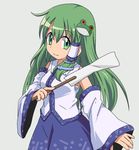  anime_coloring detached_sleeves frog_hair_ornament gohei green_eyes green_hair grey_background hair_ornament hair_tubes kochiya_sanae long_hair mikan_imo snake solo touhou 