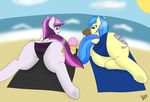  back_turned beach blue_hair brown_eyes cutie_mark duo ensayne equine female friendship_is_magic fur hair hi_res hooves horse ice_cream licking long_hair lying mammal my_little_pony original_character outside pony presenting purple_eyes purple_hair raised_tail seaside smile swimsuit tongue two_tone_hair underhoof 