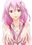  bare_shoulders breasts cleavage feesh guilty_crown hair_ornament hairclip long_hair looking_at_viewer open_mouth petals pink_hair red_eyes solo twintails yuzuriha_inori 