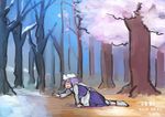  all_fours apron arm_up artist_name bare_tree bloomers cherry_blossoms closed_eyes dated dragging dress frown hat ichiba_youichi letty_whiterock open_mouth outdoors purple_dress purple_hair short_hair snow socks solo spring_(season) text_focus touhou tree trembling underwear white_hat winter 