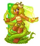  amalia_sheran_sharm bare_shoulders barefoot bracelet breasts brown_eyes character_name dark_skin error flower green_hair hair_flower hair_ornament highres jewelry leg_warmers long_hair midriff navel plant sadida sarikyou skirt small_breasts smile solo toenails toes vines wakfu 