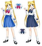  back_bow bangs bishoujo_senshi_sailor_moon black_footwear blonde_hair blue_eyes blue_sailor_collar blue_skirt bow comparison double_bun earrings full_body jewelry juuban_high_school_uniform juuban_middle_school_uniform long_hair multiple_views parted_bangs pleated_skirt red_bow sailor_collar school_uniform serafuku shirataki_kaiseki shoes skirt smile socks standing tsukino_usagi twintails variations very_long_hair white_background white_legwear 