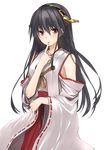  bare_shoulders black_hair brown_eyes detached_sleeves finger_to_mouth hairband haruna_(kantai_collection) japanese_clothes kantai_collection kyougoku_touya long_hair nontraditional_miko solo transparent_background 