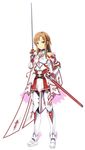  alternate_costume armor asuna_(sao) bad_id bad_pixiv_id brown_hair butter-t full_body highres looking_at_viewer rapier simple_background smile solo sword sword_art_online weapon white_background 