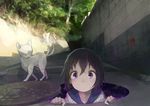  animal black_hair cat commentary_request highres manhole manhole_cover multiple_tails nekomata original partial_commentary purple_eyes roll_okashi short_hair solo stairs star_(sky) tail torii two_tails yin_yang youkai 