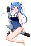  barefoot blue_hair blush breasts gochou_(atemonai_heya) hair_ribbon i-19_(kantai_collection) kantai_collection long_hair medium_breasts one-piece_swimsuit open_mouth red_eyes revision ribbon school_swimsuit smile solo swimsuit symbol-shaped_pupils torpedo twintails 