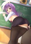  alternate_costume animal_ears ass bent_over black_legwear blush breasts bunny_ears censored chalkboard long_hair looking_at_viewer looking_back math medium_breasts nipples open_mouth ouka_(ra-raradan) panties panties_under_pantyhose panty_pull pantyhose pantyhose_pull purple_hair pussy red_eyes reisen_udongein_inaba smile solo teacher thighband_pantyhose touhou underwear 