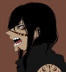  black_hair grey_eyes long_hair male_focus open_mouth puyora scp-076-2 scp_foundation simple_background solo tattoo teeth 