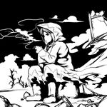  1girl badass battlefield black_and_white cigarette cloud clouds final_fantasy final_fantasy_tactics greyscale hood monochrome resting ruins smoke smoking solo torn_clothes tsukudani_(coke-buta) twintails white_mage white_mage_(fft) wind 
