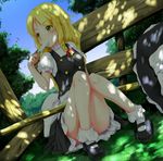  ankle_socks blonde_hair bow braid chachaneko dappled_sunlight dutch_angle eating fence food grass hair_bow hat hat_removed hat_ribbon headwear_removed kirisame_marisa knees_together_feet_apart knees_up long_hair mary_janes on_ground popsicle puffy_short_sleeves puffy_sleeves ribbon shoes short_sleeves single_braid sitting skirt skirt_set solo sunlight touhou witch_hat wooden_fence yellow_eyes 