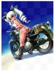  anchovy ass black_gloves blush boots bottle drill_hair fingerless_gloves girls_und_panzer gloves ground_vehicle hair_ribbon long_hair looking_at_viewer looking_back motor_vehicle motorcycle open_mouth panties red_eyes ribbon sankuma shiny shiny_skin silver_hair solo tank_top twin_drills twintails underwear water_bottle white_panties 
